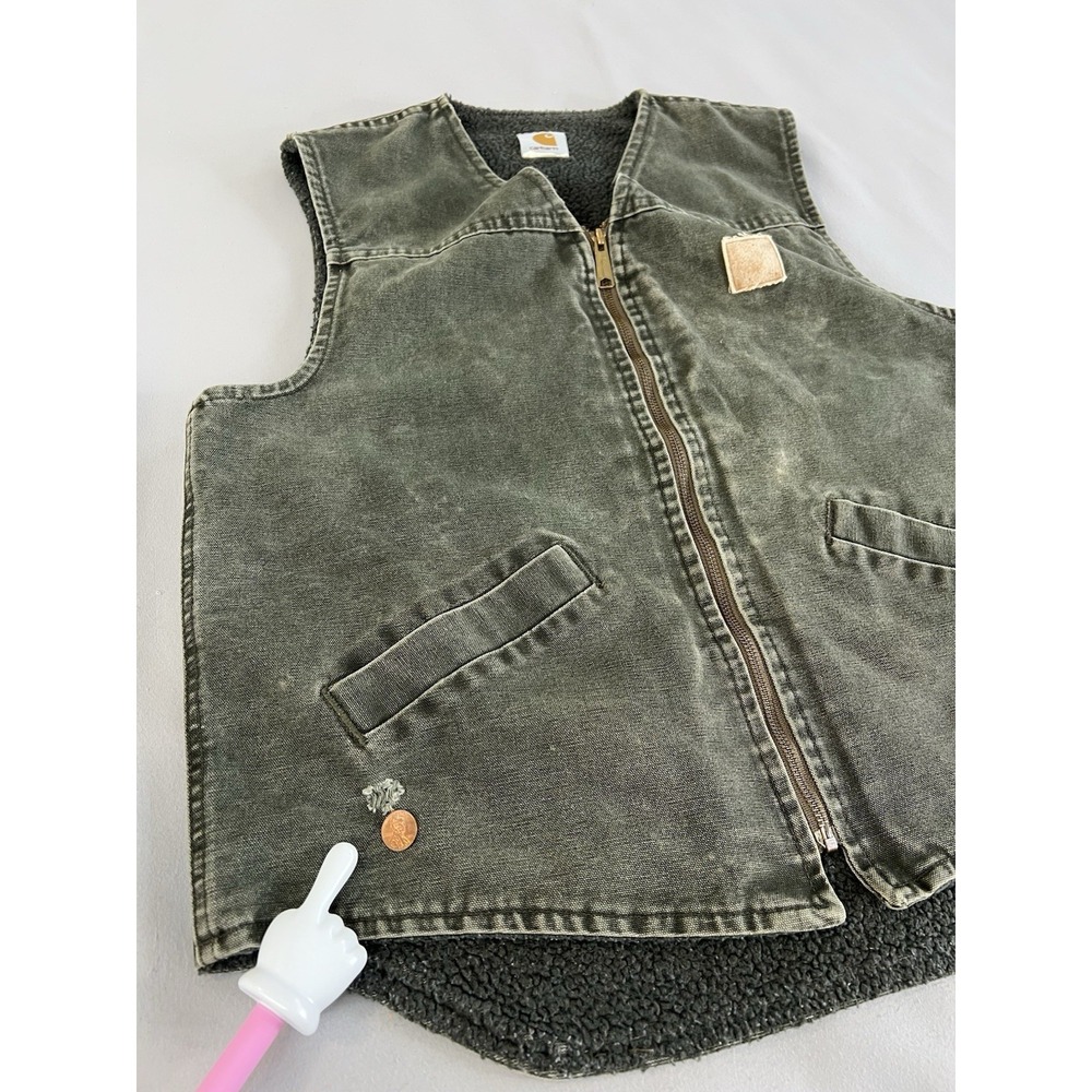 Vtg Carhartt Vest Men's Moss Green Duck Canvas Sherpa Lined Y2K - Picture 10 of 14